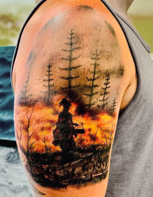 Mountain fire sleeve tattoo by @enrique_g_torres