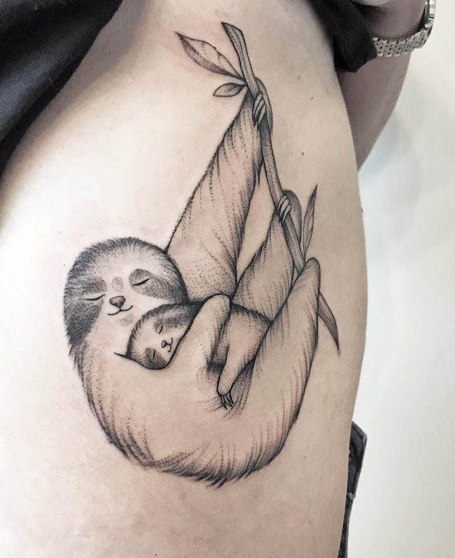 Mother and baby sloth tattoo by @taktak.tania