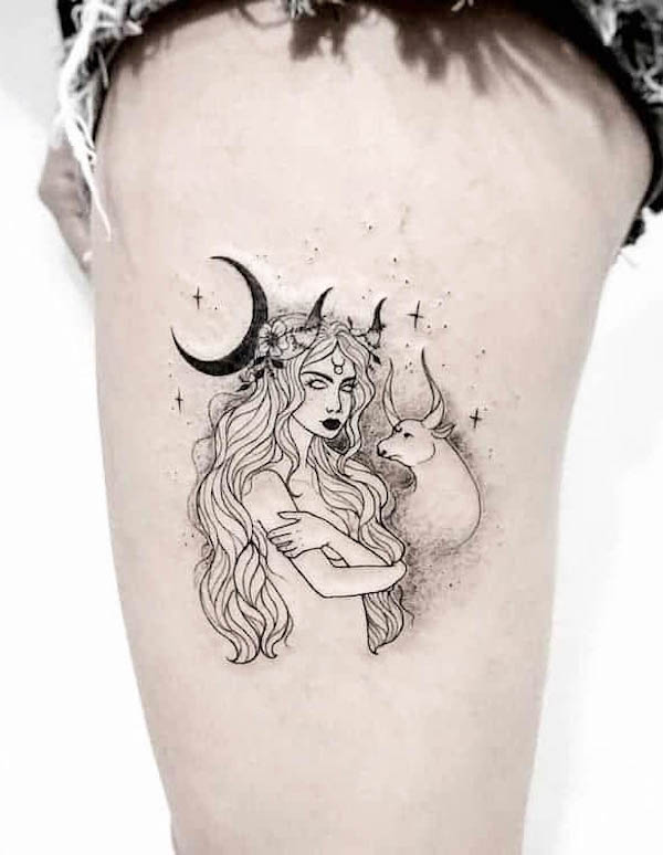 Goddess and the bull thigh tattoo by @fany.ink_