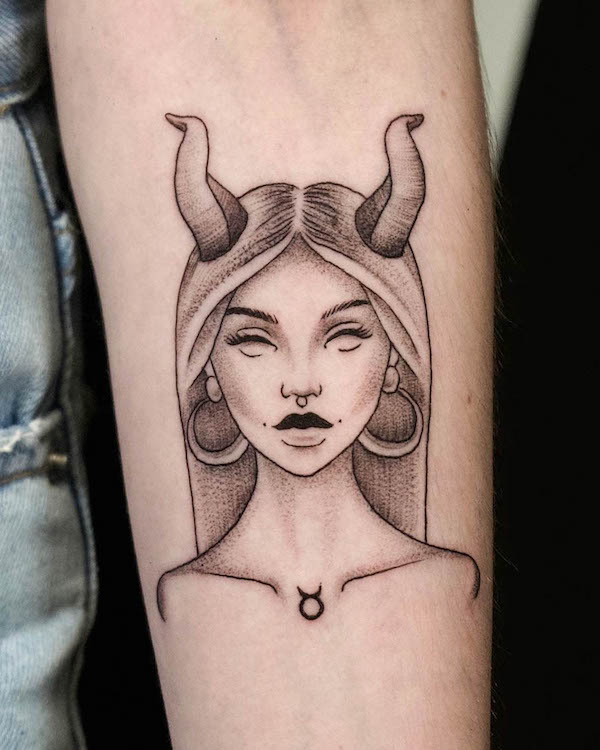 Black and grey Taurus girl tattoo by @micol.tattoo