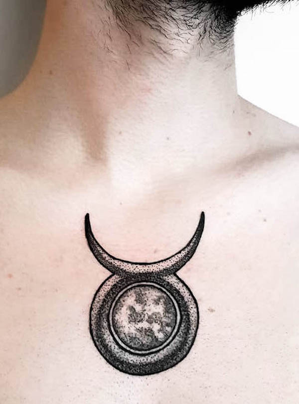Taurus symbol chest tattoo by @dst.tattoo