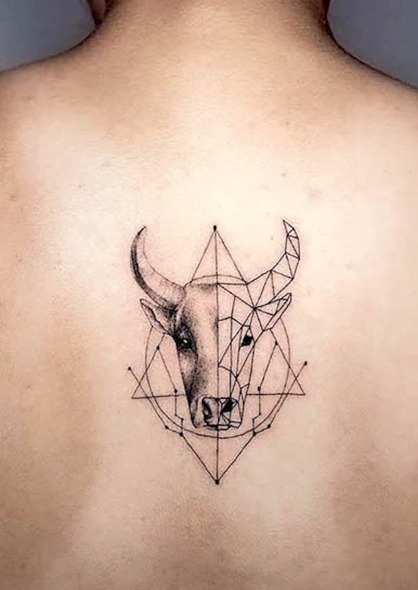 Half-realism half-geometric back tattoo for Taurus by @benosquarebali