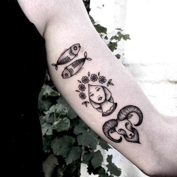 Un tatuaje de Piscis, Virgo y Aries por @highwaterstattoo: ideas de tatuajes únicos para mujeres Virgo