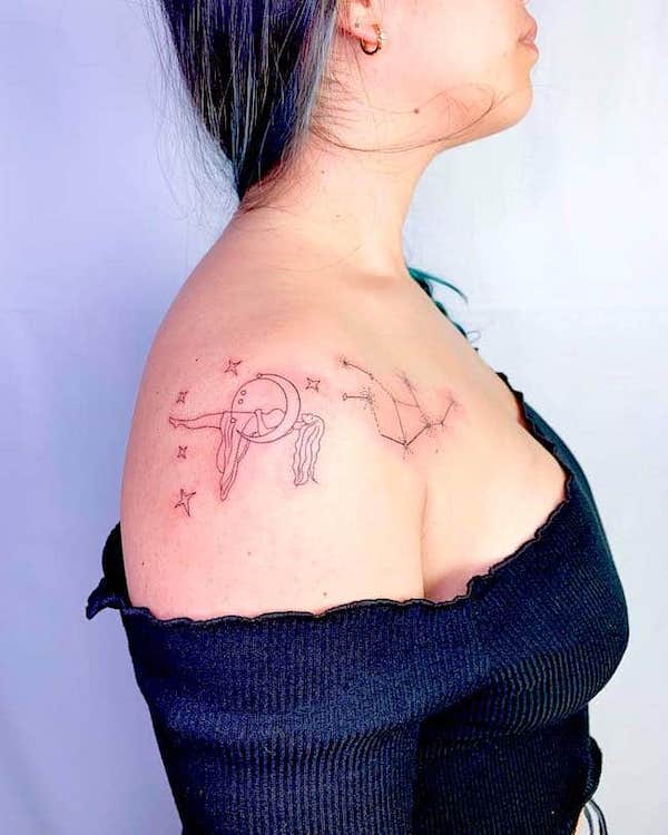 Impresionantes tatuajes de la constelación de Virgo en el hombro por @firstjing