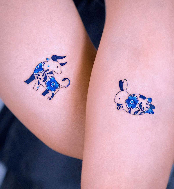 Tatuajes del zodiaco chino a juego por @e.nal_.tattoo