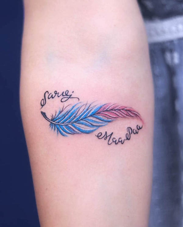 Infinity feather and name tattoo by @blue_heaven_tattooz