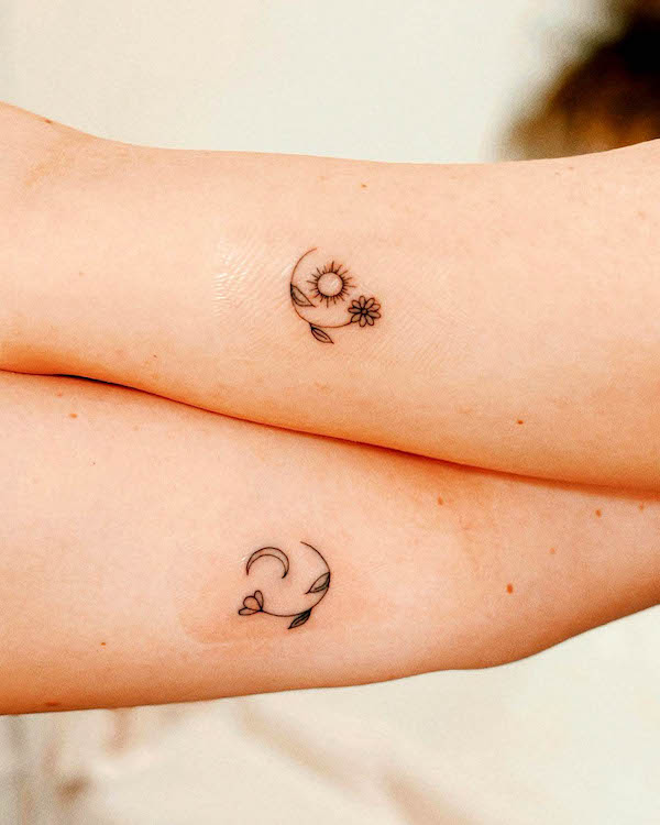 Floral sun and moon simple tattoos for mother and daughter by @alina_tattoo