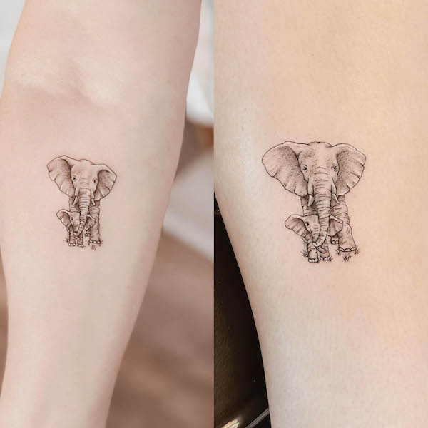 Mama and baby elephant tattoos by @blush.and.brow