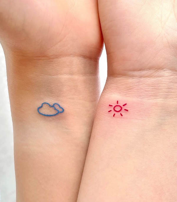 Simple small cloud and sun mother daughter tattoos by @soy_tattoo
