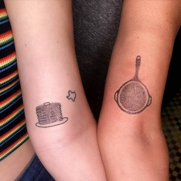 Pancakes and cast iron mother daughter tattoos by @kathrynzetajaynes