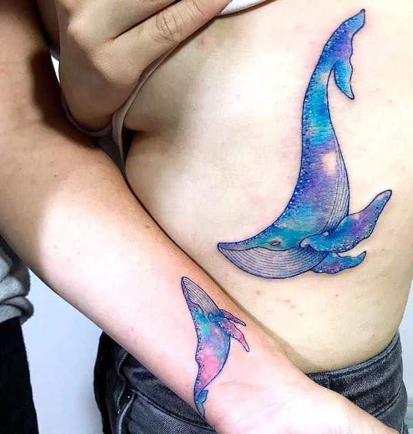 Watercolor whale tattoos for mother and daughter