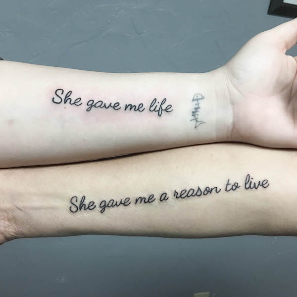 Mother daughter quote bicep tattoos by @jackquackart