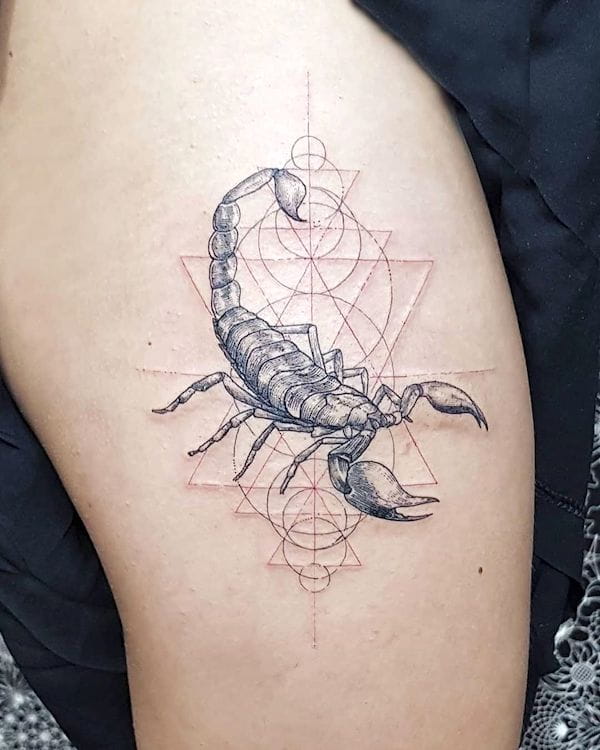 A realistic scorpion tattoo with geometric background by @blxckink - Scorpio tattoos for women that are pure dark aesthetics