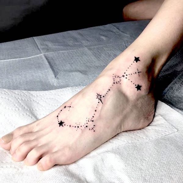 A black constellation foot tattoo for Scorpio