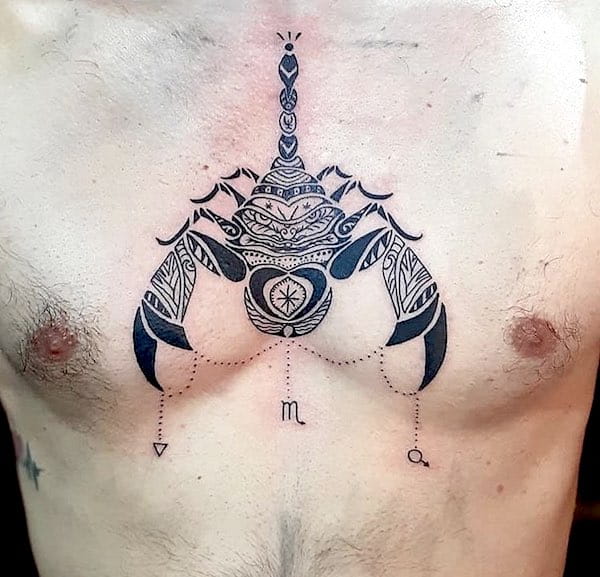 A sophisticated chest tattoo from @tatueria80026- Stunning Scorpio tattoos for men