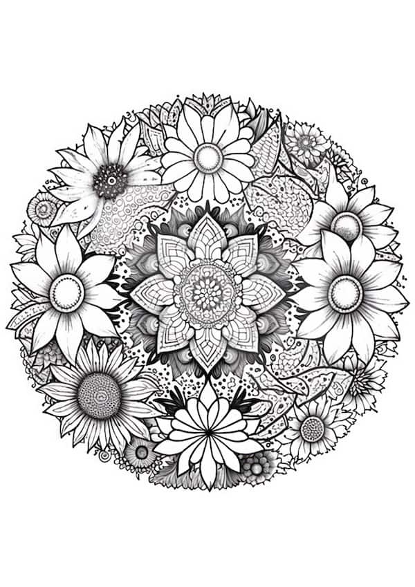 Mandala flowers coloring page for adults