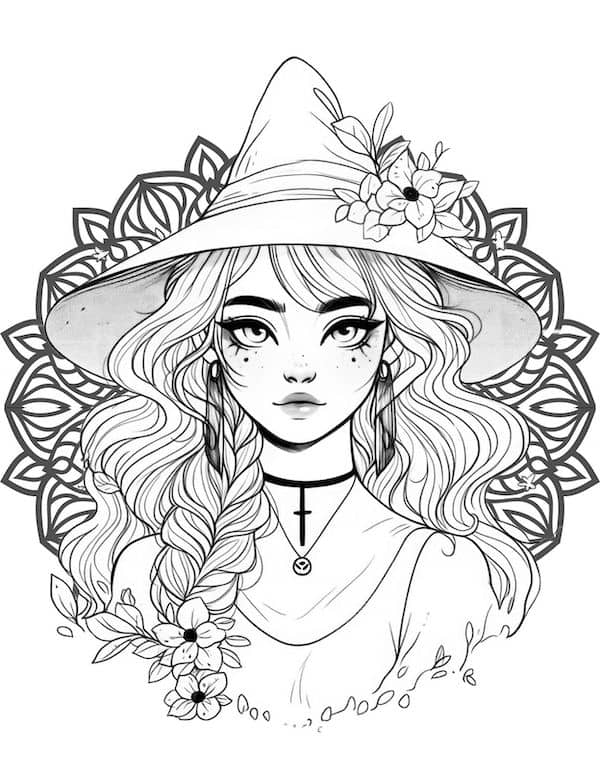 Witch mandala coloring page