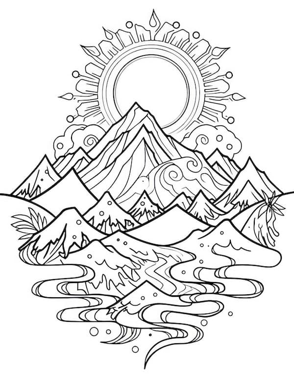 Mandala sun and landscape coloring page