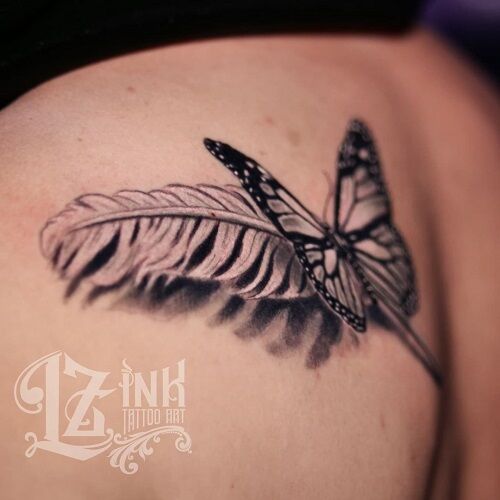 Feather and Butterfly Tattoo